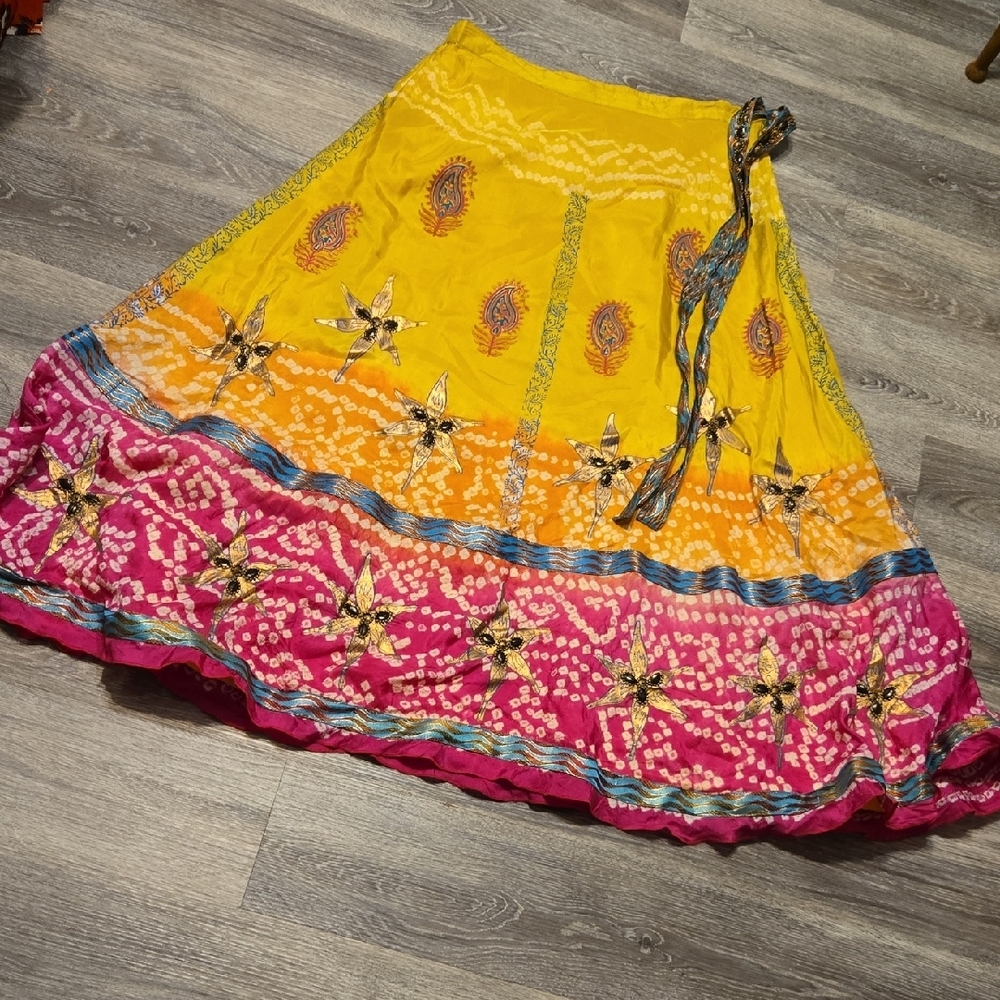 Soft Surroundings Silk Beaded Painted Boho Maxi Skirt Sz Medium